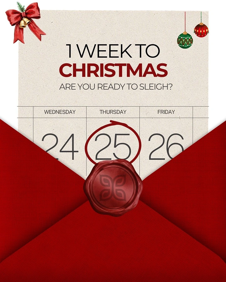 Christmas creative ad: Calendar card sliding out of a red envelope with a wax seal