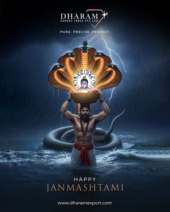 Janmashtami creative ad: Vasudev carrying diamond; dramatic cinematic craft