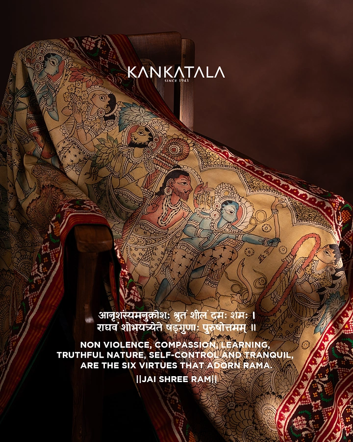 other-festival creative ad: Hand-painted Kalamkari saree showing Rama's bow scene, draped over a wooden chair