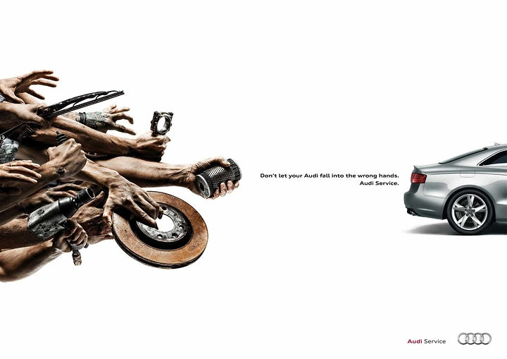 Auto Repair & Garages creative ad: Mass of grimy hands holding car parts reaching toward a silver coupe