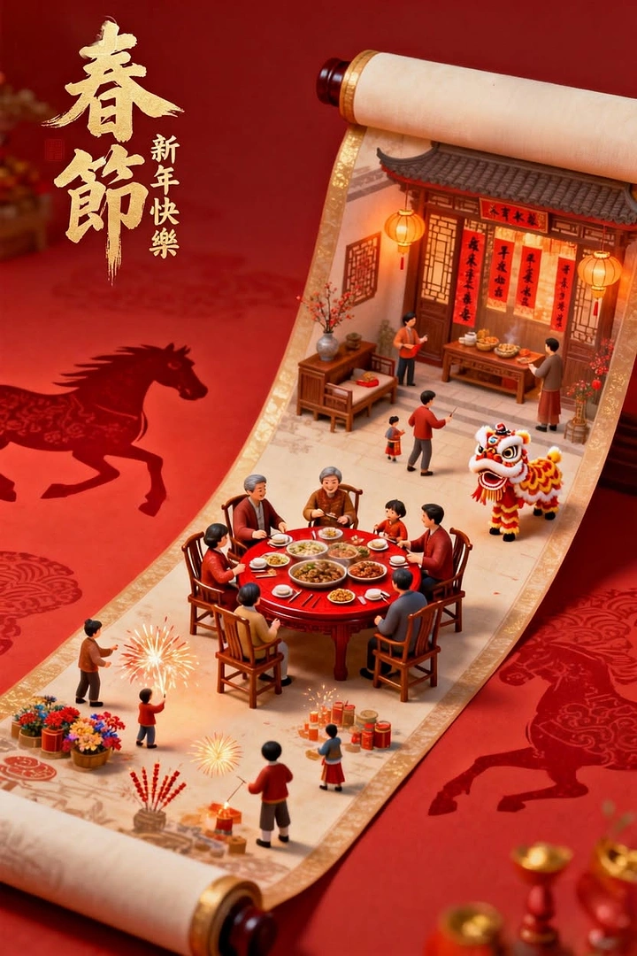 Lunar New Year creative ad: Miniature family feast scene on an unrolled scroll