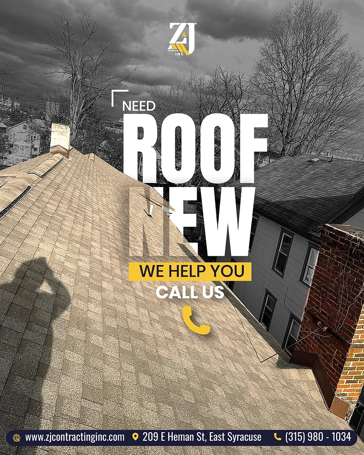 Roofing creative ad: Big type 'ROOF NEW' over rooftop photo