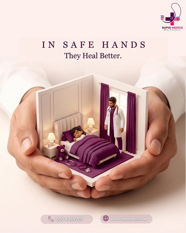Senior Care creative ad: Cupped hands holding a miniature home bedroom where a doctor watches over a sleeping child