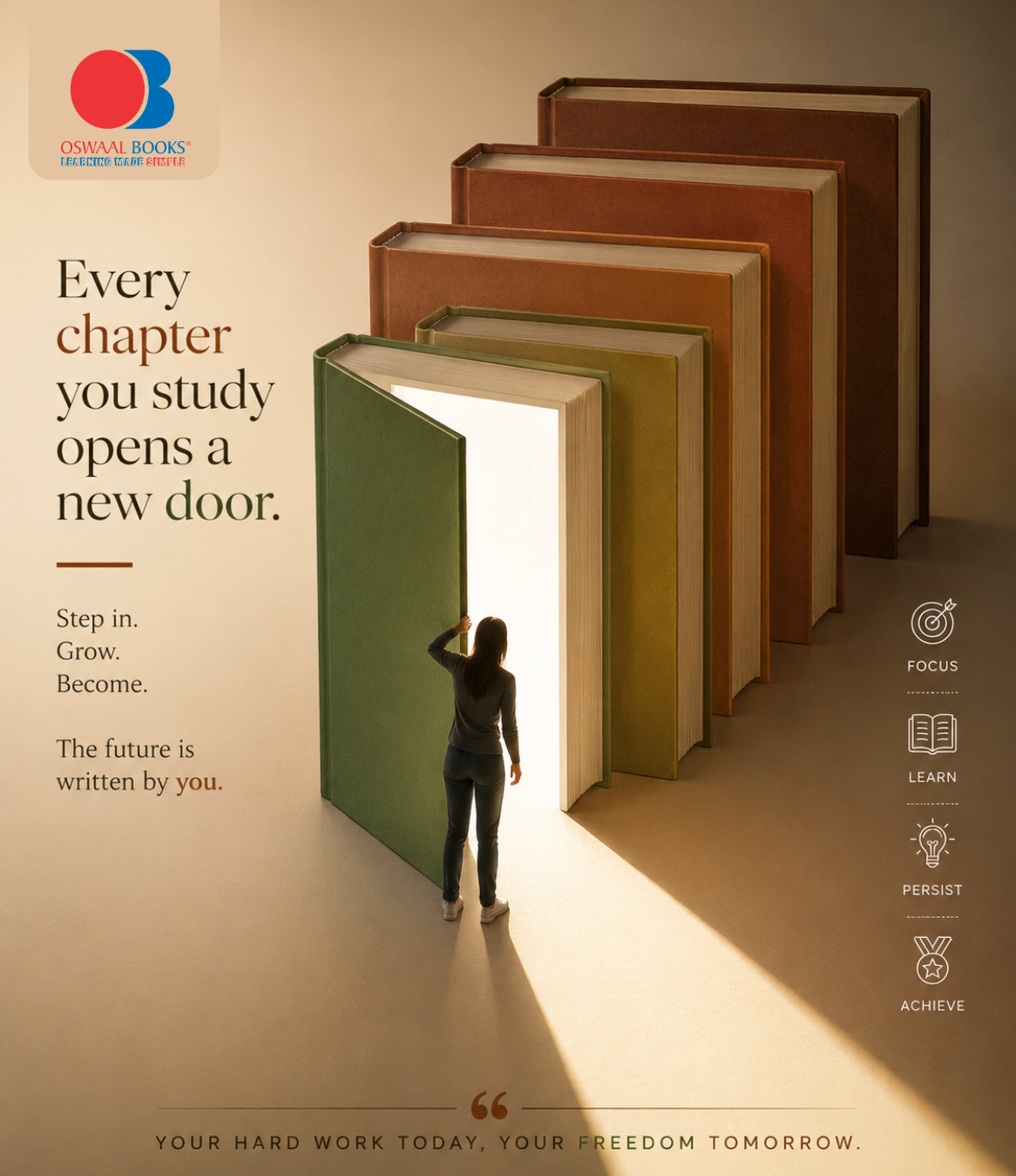 Instagram post: Student opening a giant book like a glowing door among a row of oversized books