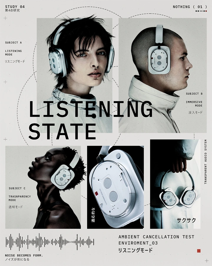 Creative ad: Grid of models in profile wearing white modular headphones, plus product close-ups