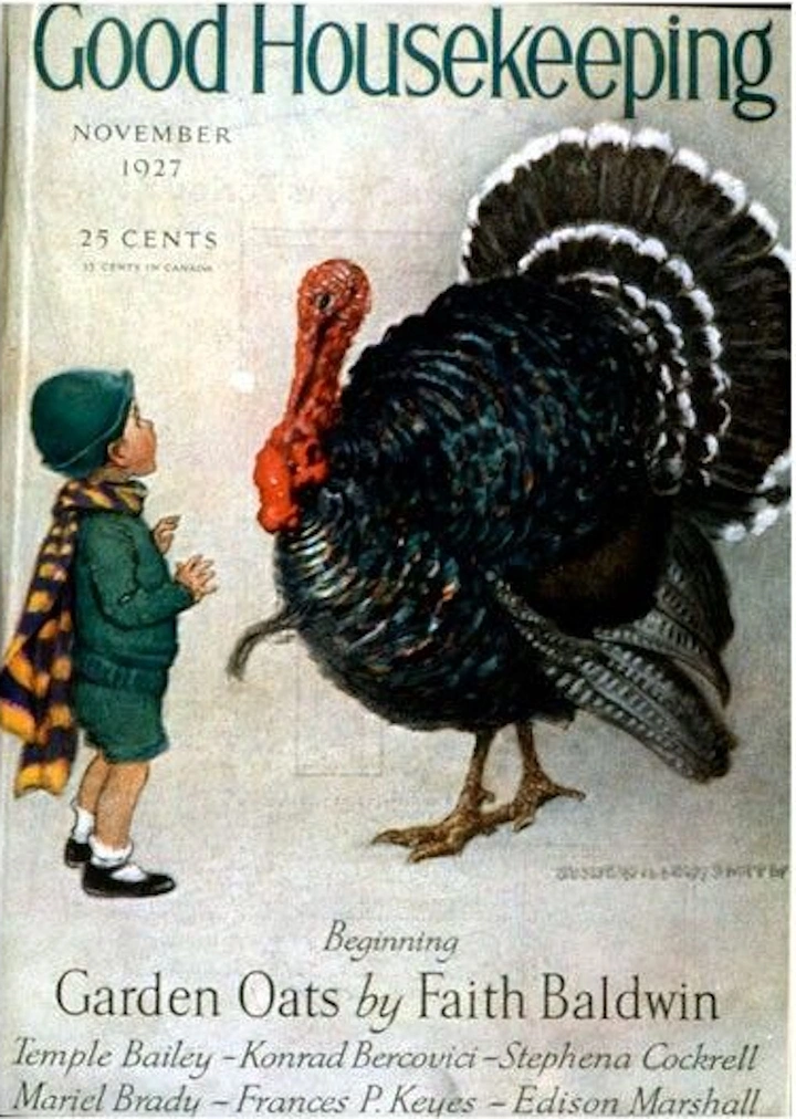Thanksgiving creative ad: Small child facing a giant turkey