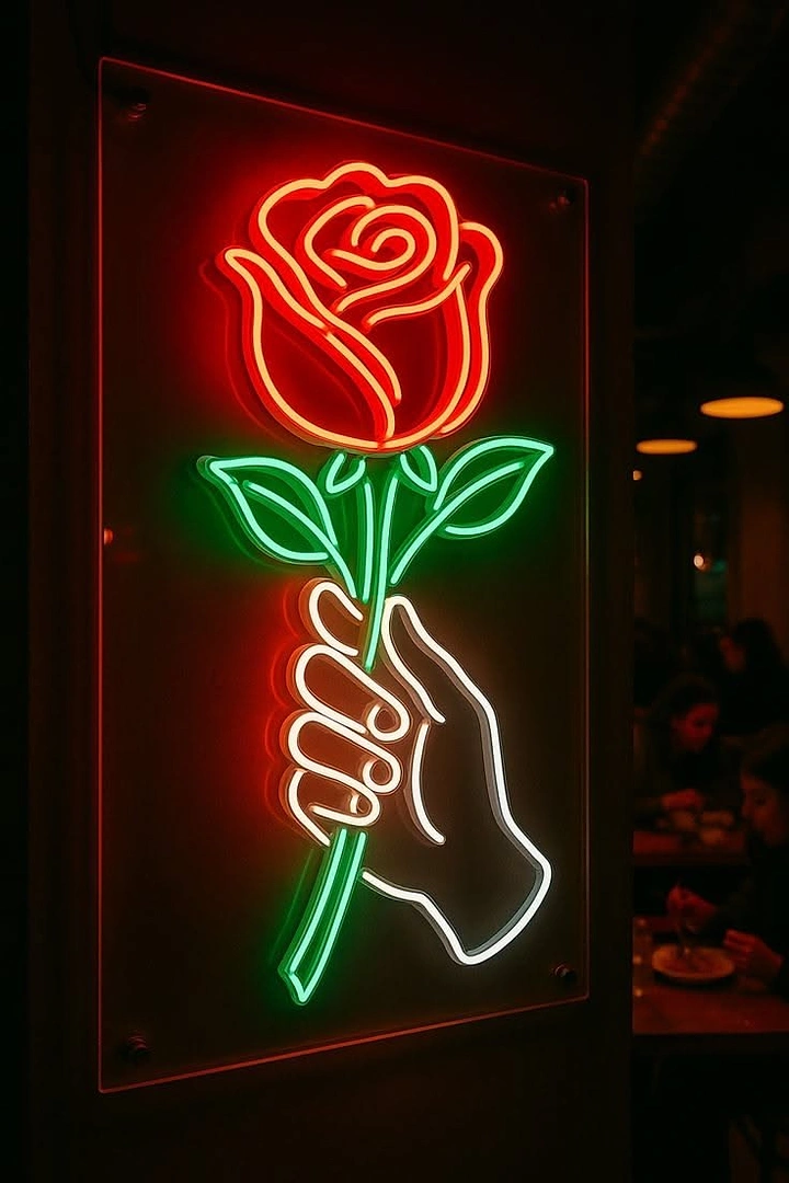Signage & Sign Makers creative ad: Hand-held rose neon product metaphor