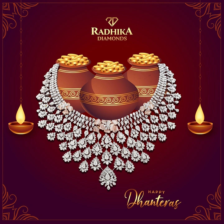 Dhanteras creative ad: Diamond bridal necklace draped around pots of gold coins