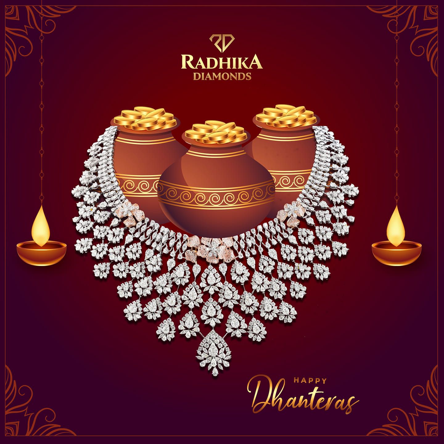 Diamond bridal necklace draped around pots of gold coins