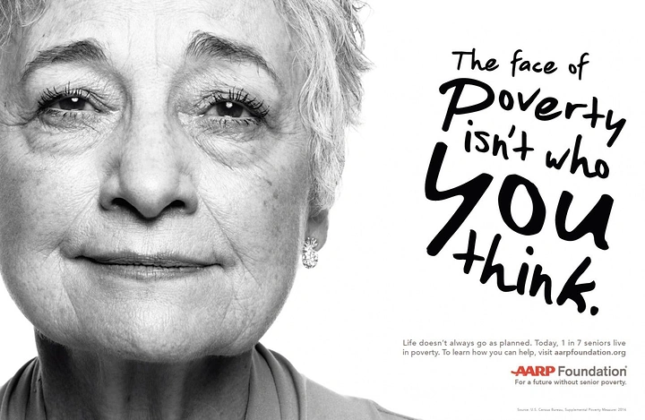 Senior Care creative ad: Close-up black-and-white portrait of a smiling elderly woman