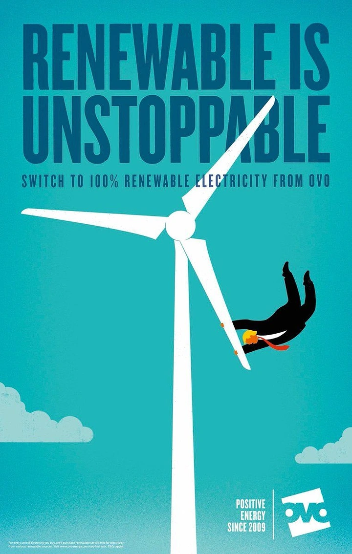 Solar & Energy creative ad: Wind turbine blade flinging a suited man