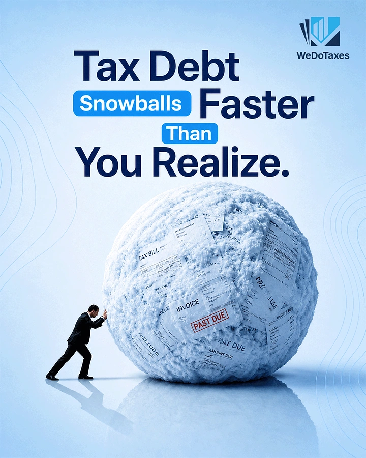 Accountants & Tax Services creative ad: Businessman pushing giant snowball made of tax bills