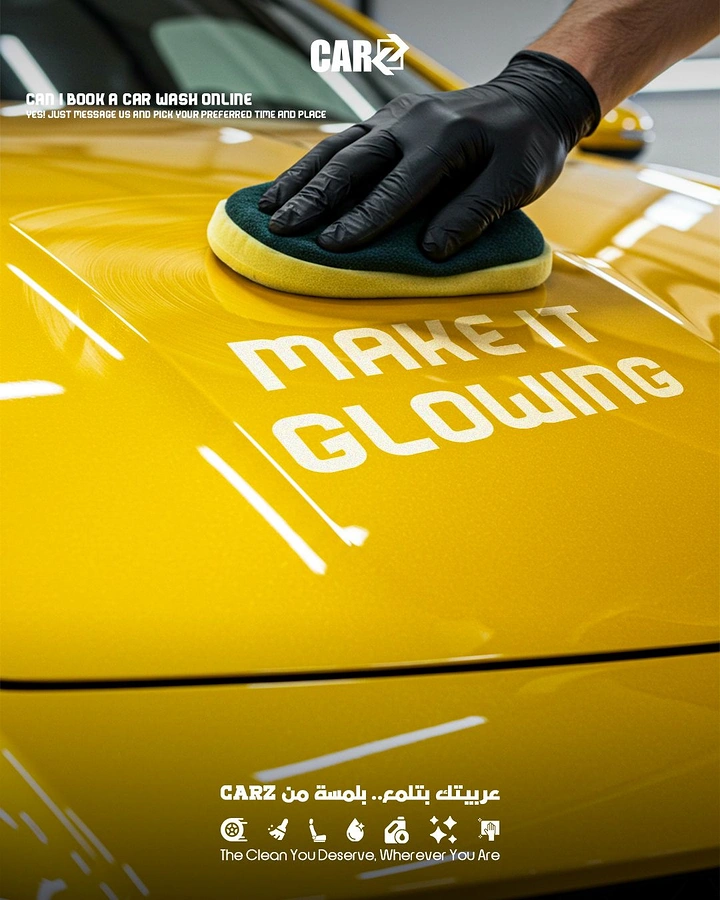 Car Wash & Detailing creative ad: Headline reflected in glossy polished hood