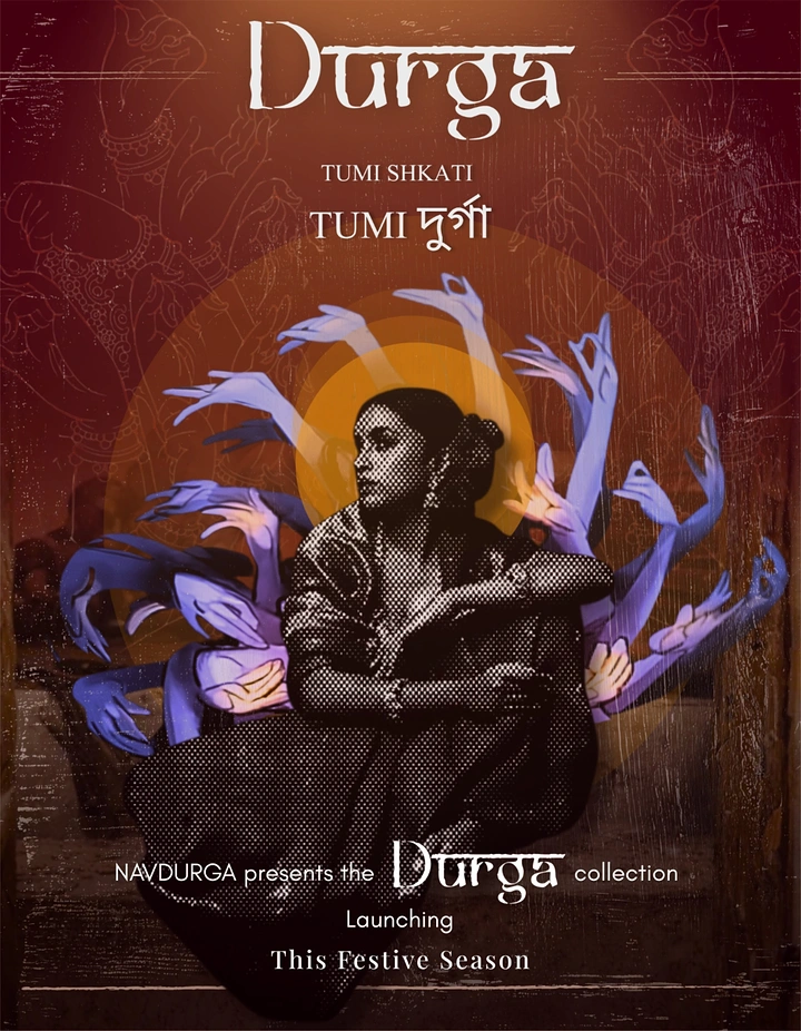 Durga Puja creative ad: Halftone portrait of a seated woman in a sari with many purple arms like Durga