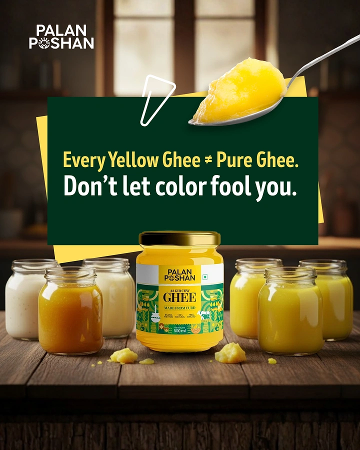 Dairy Brands creative ad: Yellow ghee lineup, color myth copy