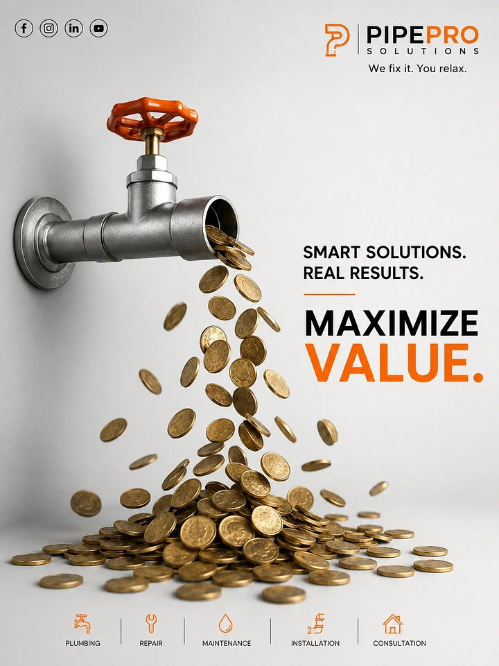 Plumbers creative ad: Tap pouring gold coins, value metaphor