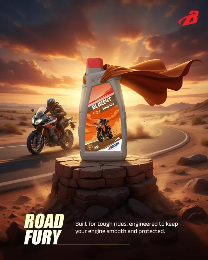 Engine Oil & Lubricants creative ad: Oil bottle drives a cinematic road-fury scene