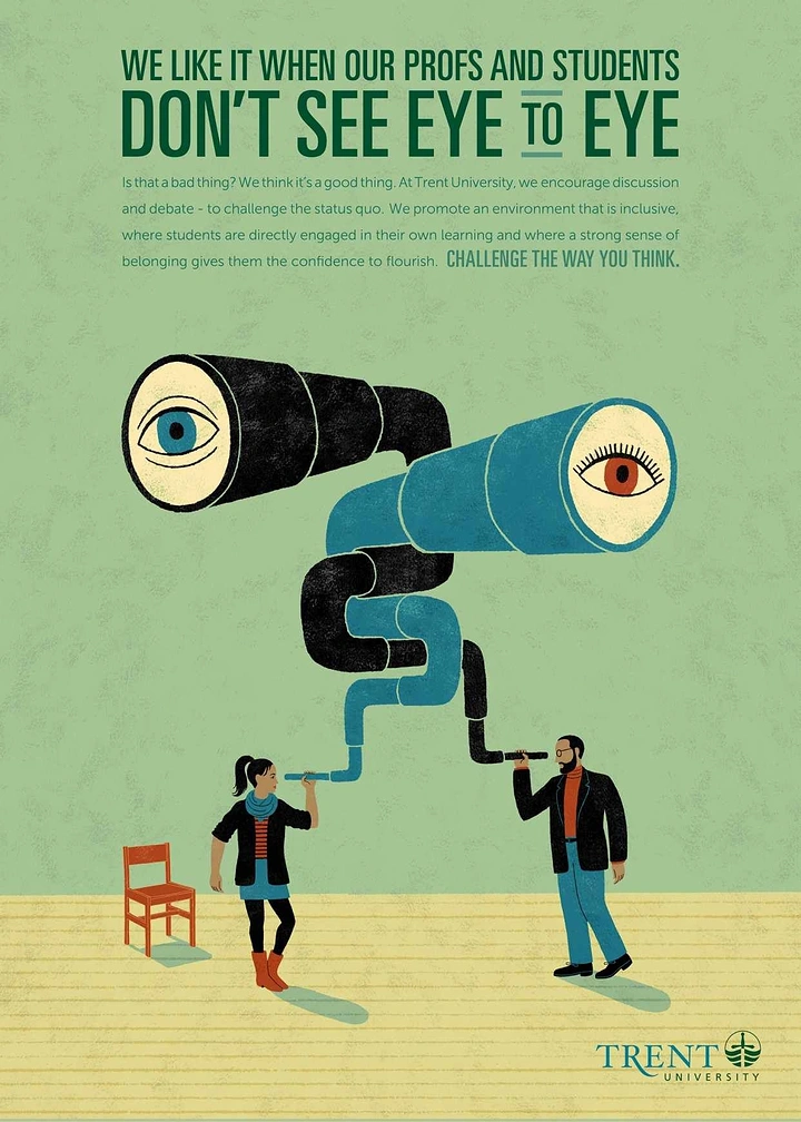 Universities & Colleges creative ad: Eye-to-eye metaphor visualizes campus disagreement