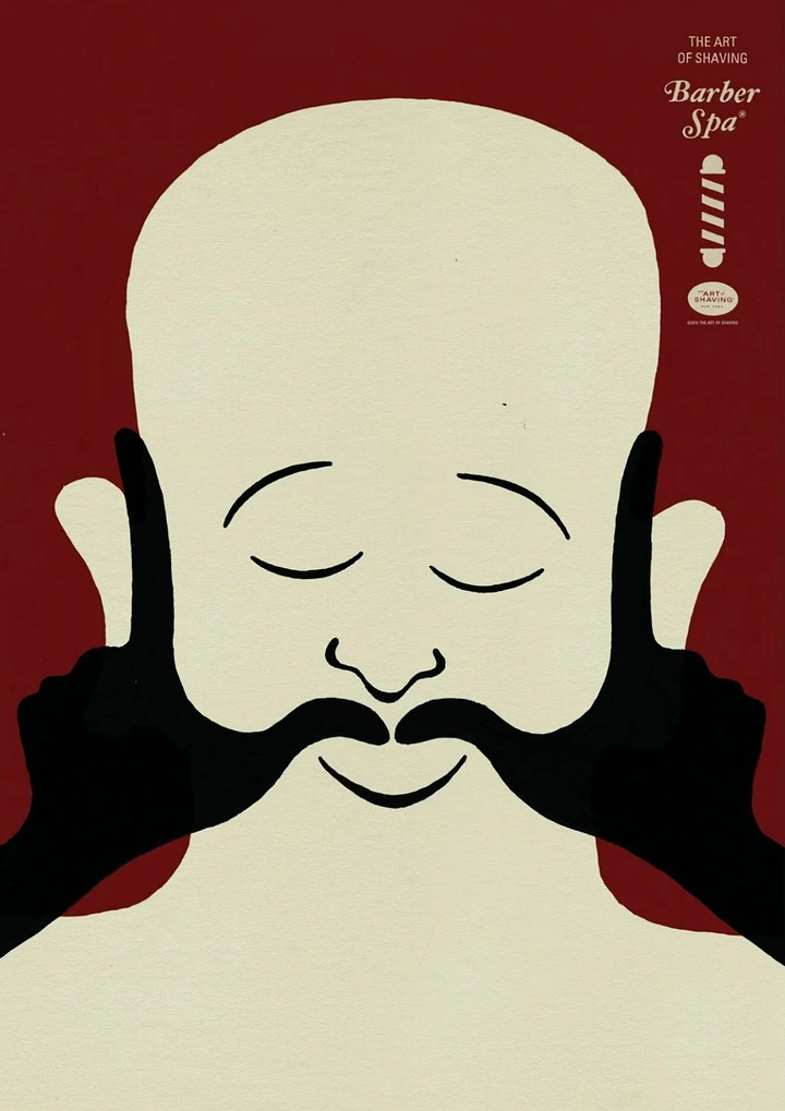 Spa & Massage creative ad: Serene bald face whose moustache is formed by two black hands