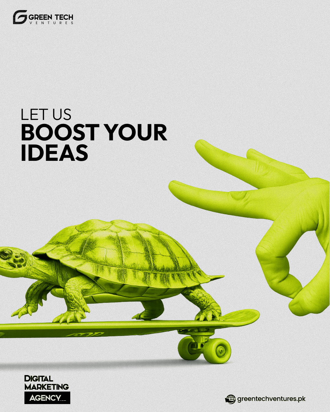 Lime-tinted turtle on a skateboard about to be flicked by a hand