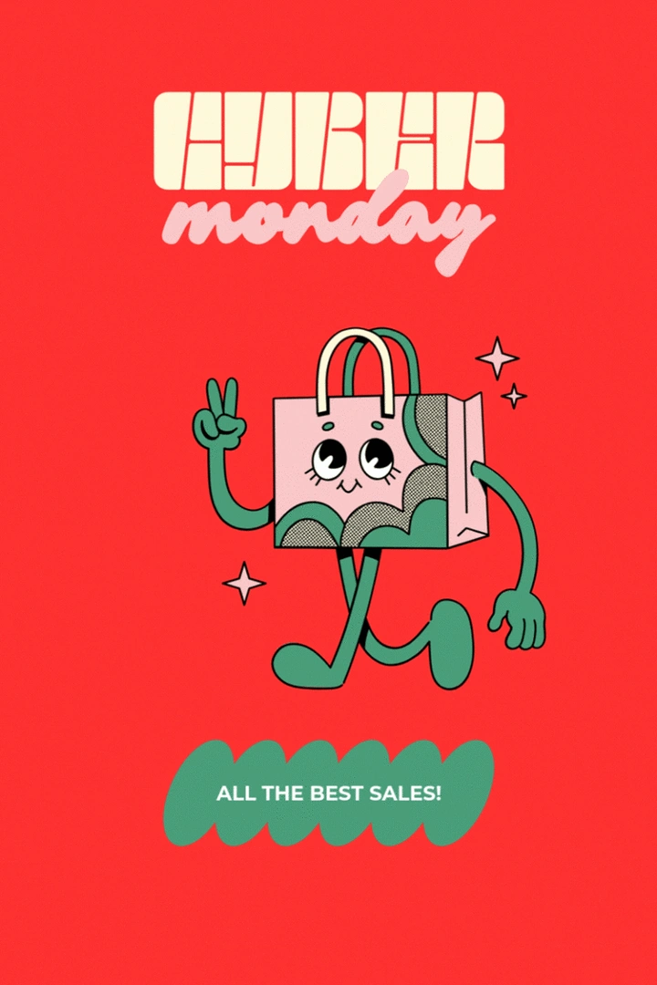 Cyber Monday creative ad: Walking shopping-bag mascot making a peace sign