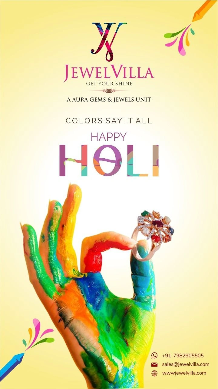 Holi creative ad: Hand smeared in rainbow Holi colours holding a multi-gem ring