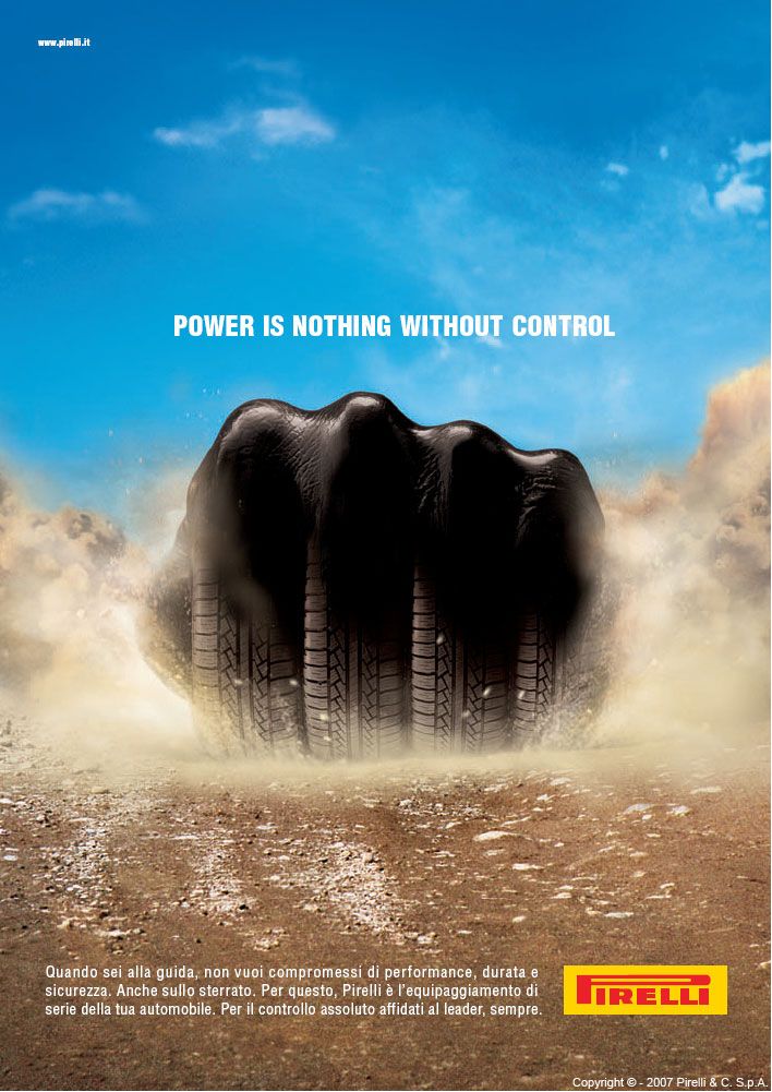 Poster: A clenched fist made of tyre tread punching through dust