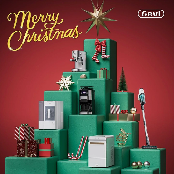 Christmas creative ad: Kitchen appliances displayed on green podium blocks shaped like a tree