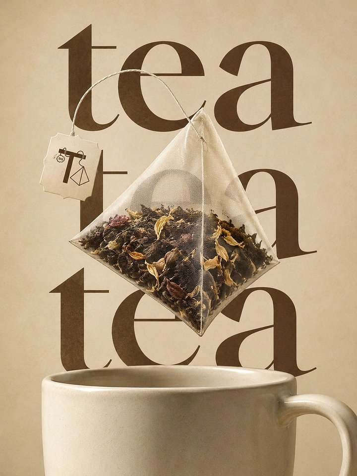 Tea & Chai Brands creative ad: Teabag dangling from repeated type