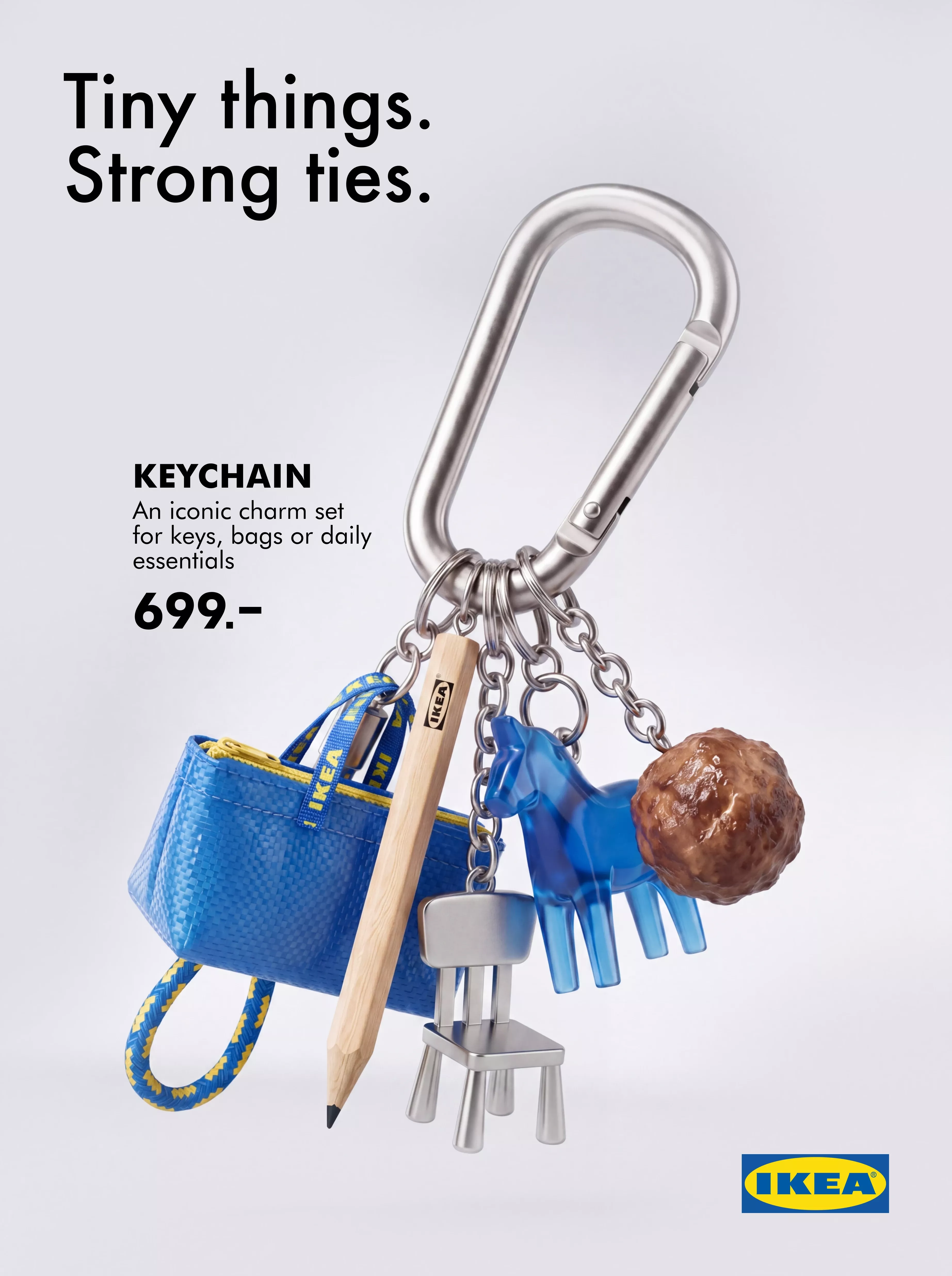Poster: Carabiner keychain with miniature iconic brand charms