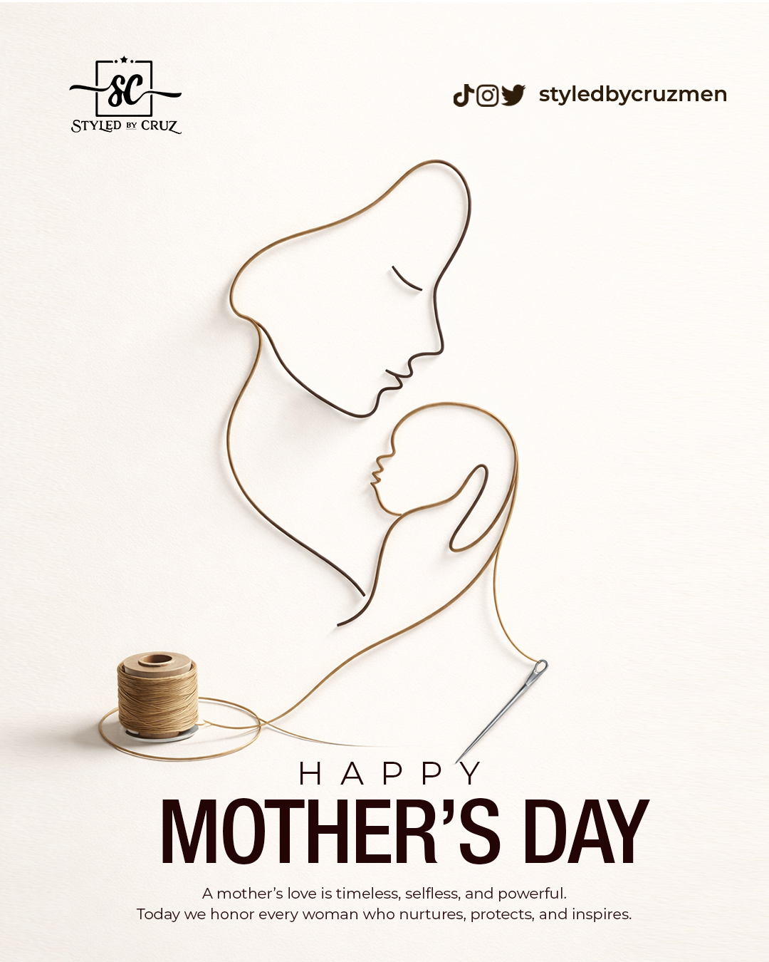 Mother-and-baby line portrait formed from sewing thread