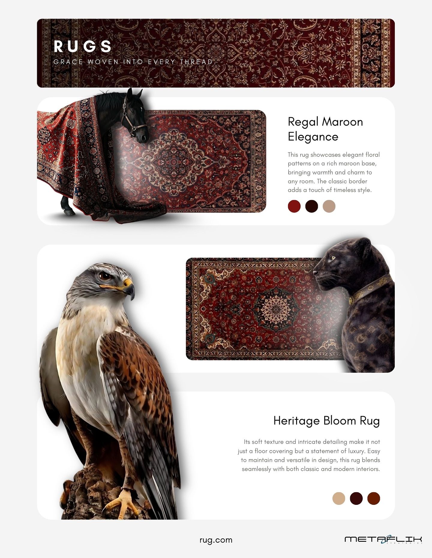 Instagram post: Falcon imagery reinforces regal rug positioning