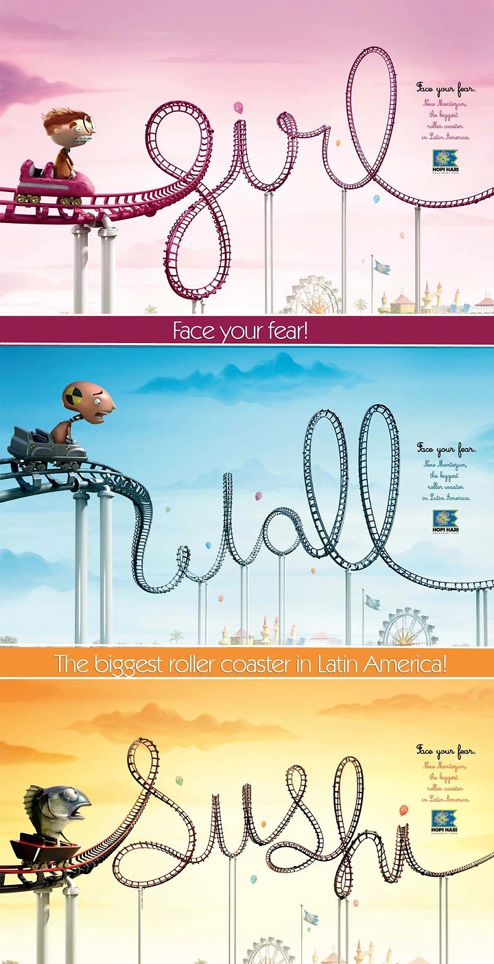 Amusement & Water Parks creative ad: Roller coaster tracks twisted into handwritten words, with terrified cartoon riders