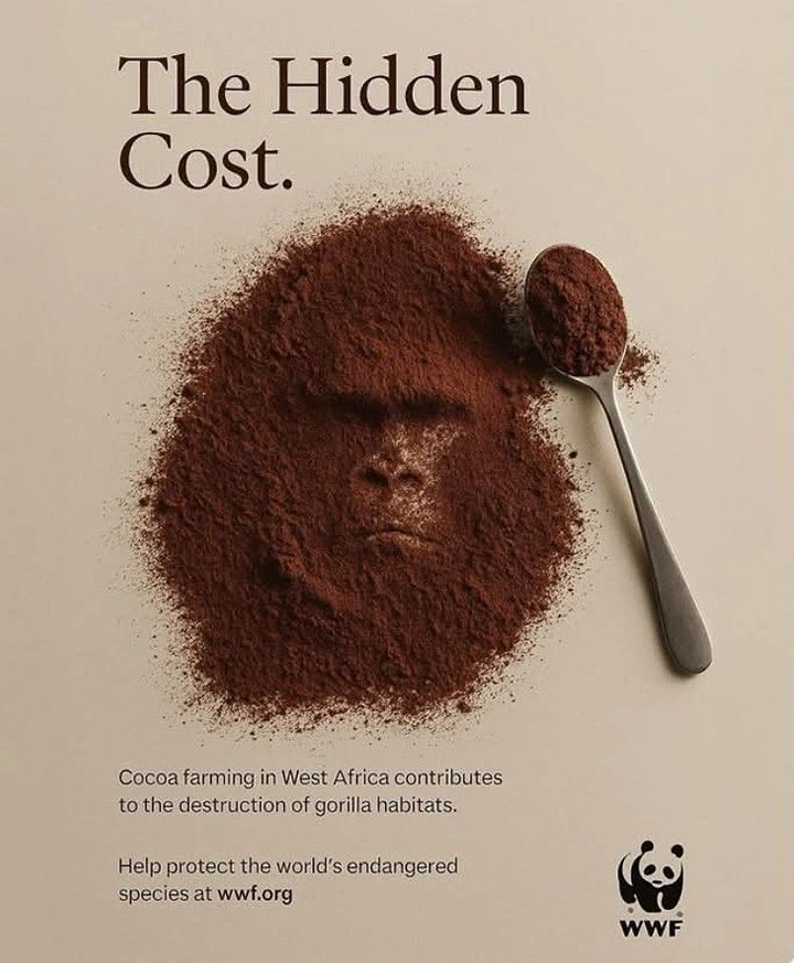 Nonprofit & Social Cause creative ad: Gorilla face sculpted in a pile of cocoa powder beside a spoon