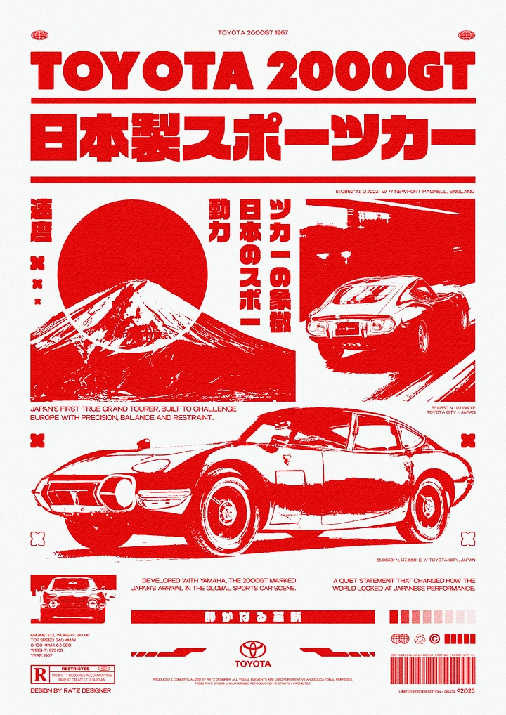Automotive creative ad: Red halftone vintage Japanese sports coupe with Mount Fuji and rising sun