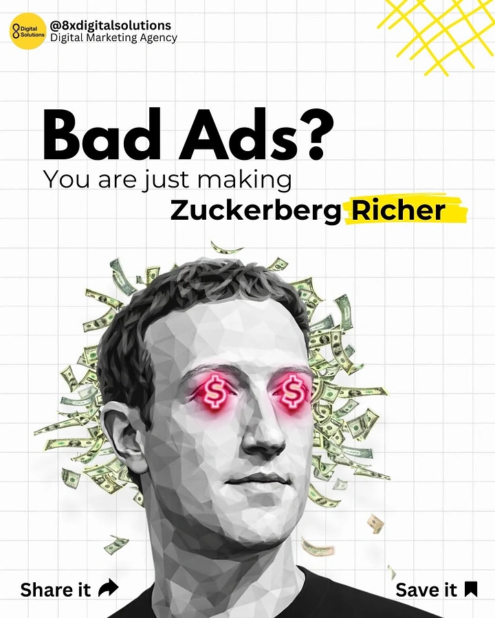 Agency creative ad: Witty bad-ads copy, dollar-eyed Zuckerberg