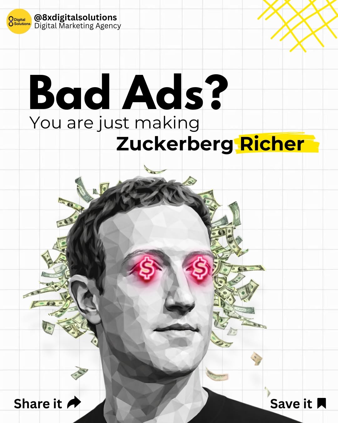Instagram post: Low-poly greyscale tech CEO portrait with dollar-sign eyes, slide 1