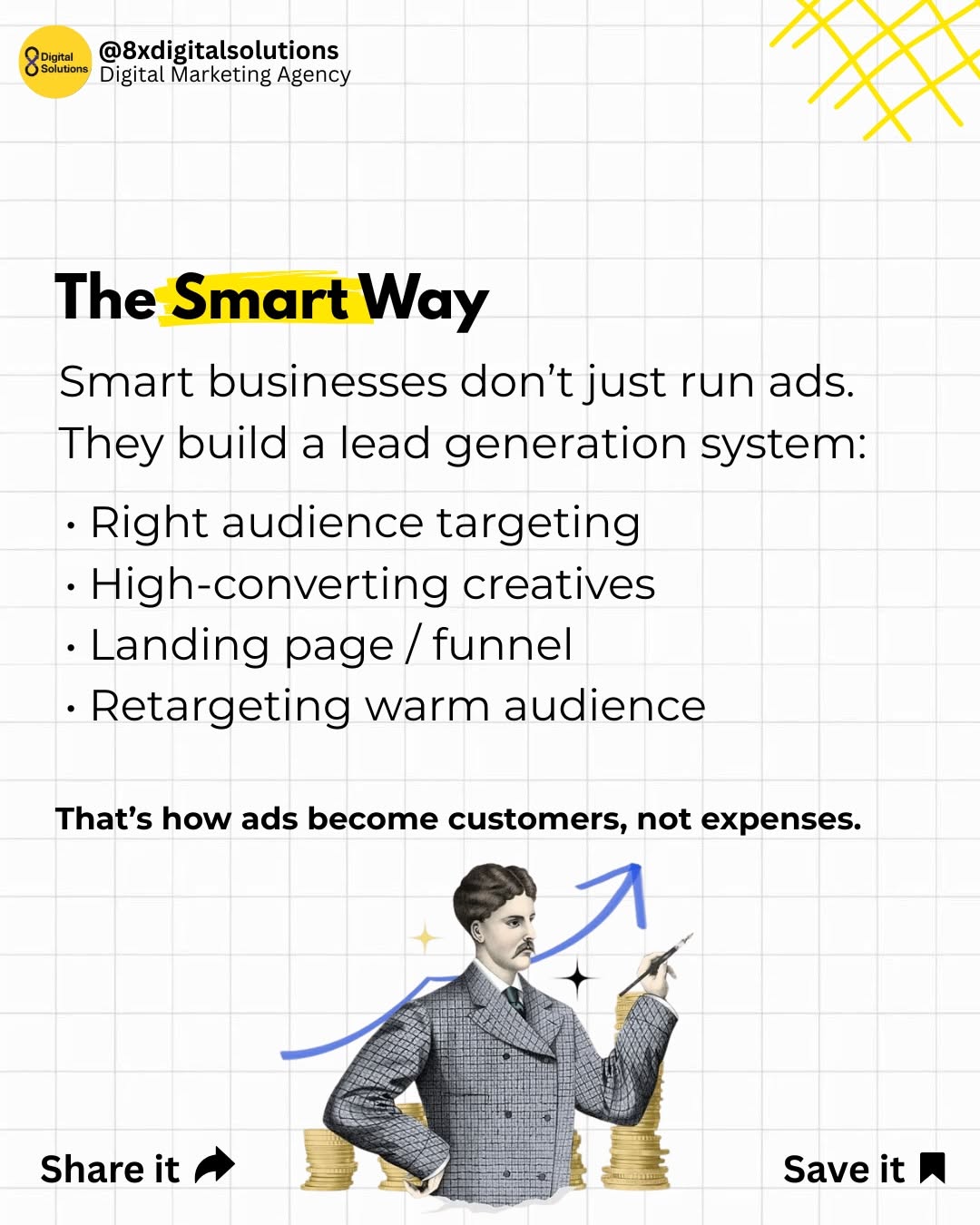 Instagram post: Low-poly greyscale tech CEO portrait with dollar-sign eyes, slide 4