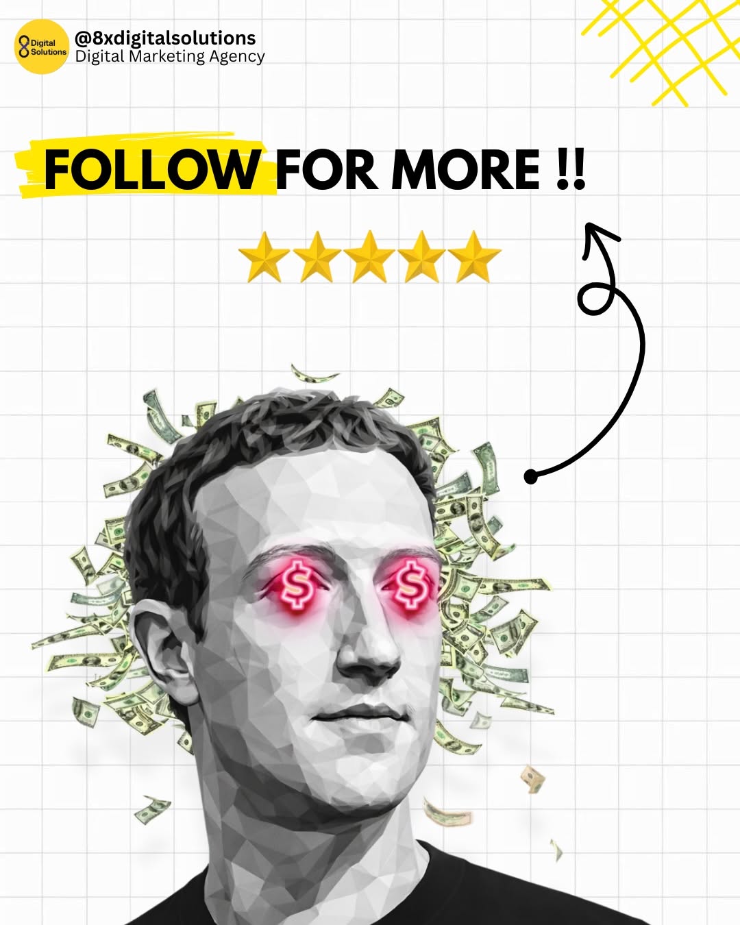 Instagram post: Low-poly greyscale tech CEO portrait with dollar-sign eyes, slide 5