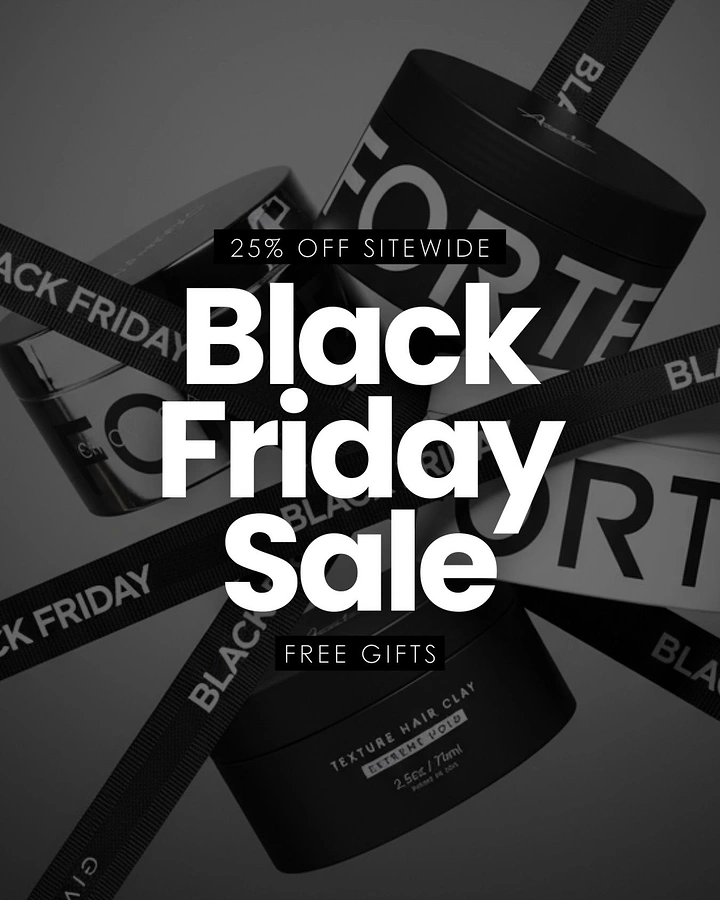 Black Friday creative ad: Floating black hair clay tubs wrapped in Black Friday ribbons