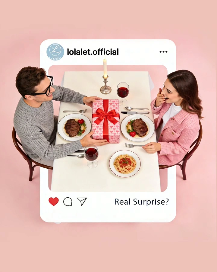 Valentine's Day creative ad: Couple at a dinner table, man handing a heart-wrapped gift box to a surprised woman, seen from above