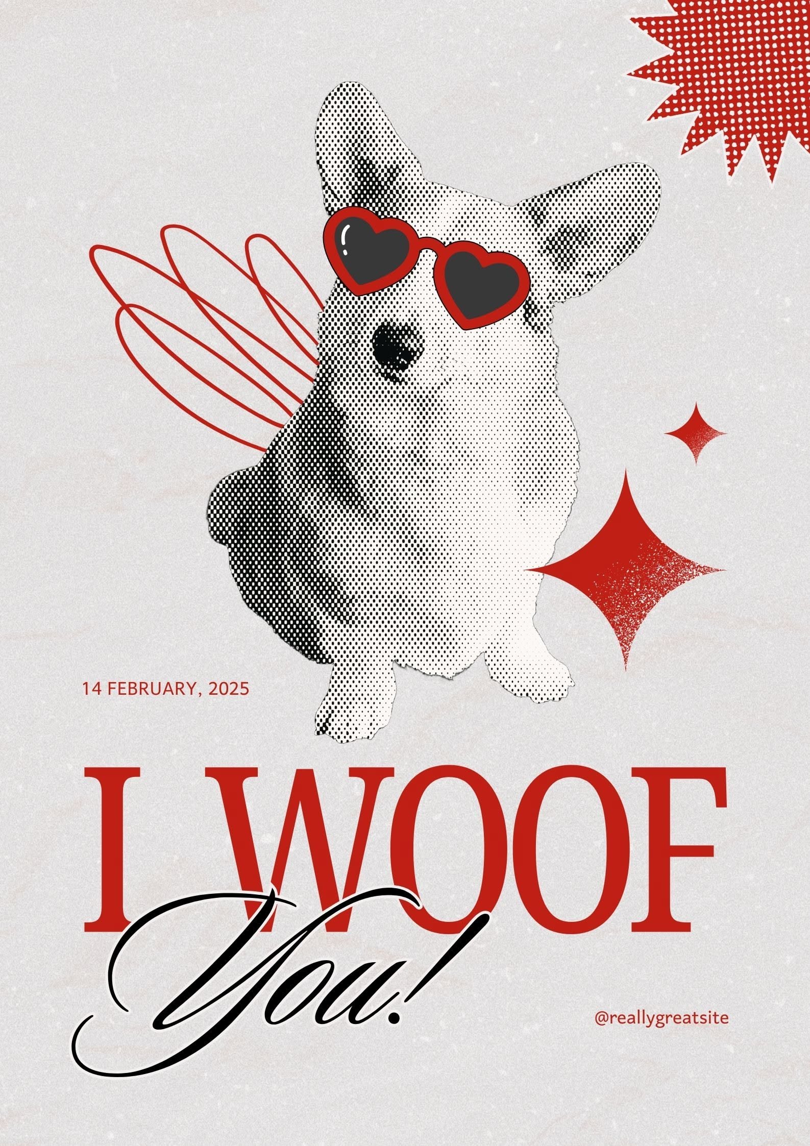 Valentine's Day Poster: Halftone corgi wearing red heart-shaped sunglasses