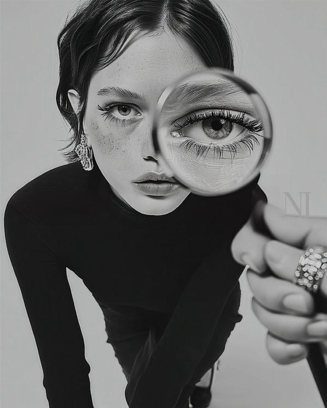 Poster: Black-and-white portrait with a magnified eye