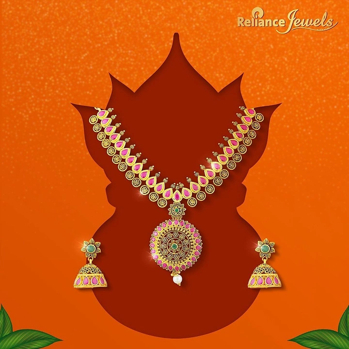 other-festival creative ad: Gold ruby necklace and jhumka set on a kalash silhouette