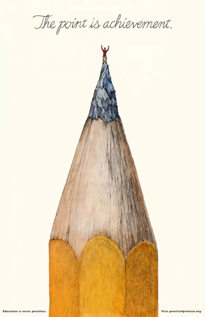 Nonprofit & Social Cause creative ad: Giant pencil tip drawn as a mountain with climber on summit