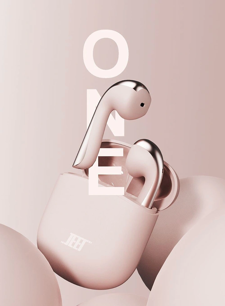 Creative ad: Blush pink wireless earbuds rising from an open charging case