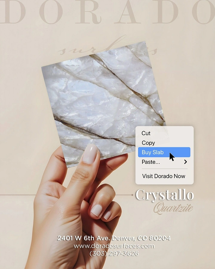 Cement, Steel & Building Materials creative ad: Hand holding a quartzite sample with a right-click menu