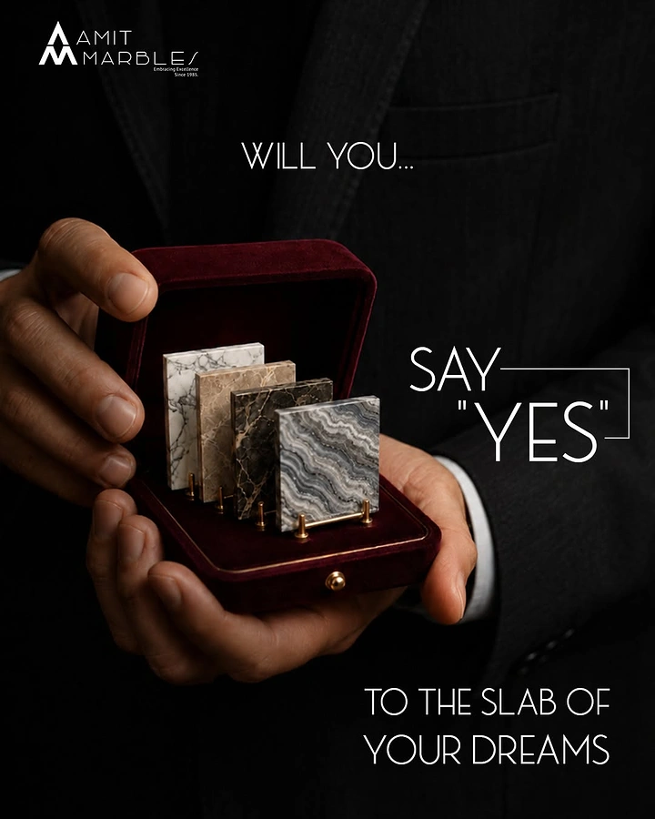 Cement, Steel & Building Materials creative ad: Hands offering marble slab samples in a velvet ring box