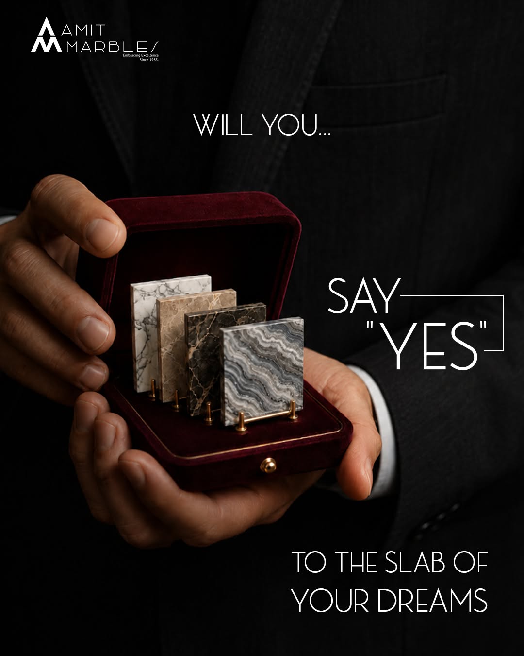 Instagram post: Hands offering marble slab samples in a velvet ring box