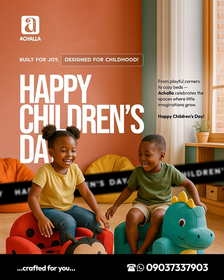 Children's Day creative ad: Two laughing kids on ladybug and dinosaur kids' armchairs